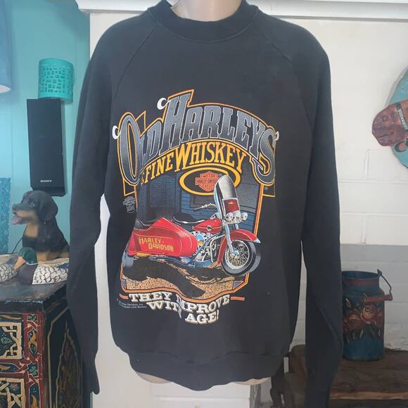 RARE 80's UNISEX HARLEY DAVIDSON &quot;OLD HARLEYS &amp; FINE WHISKEY&quot; SWEATSHIRT UNISEX